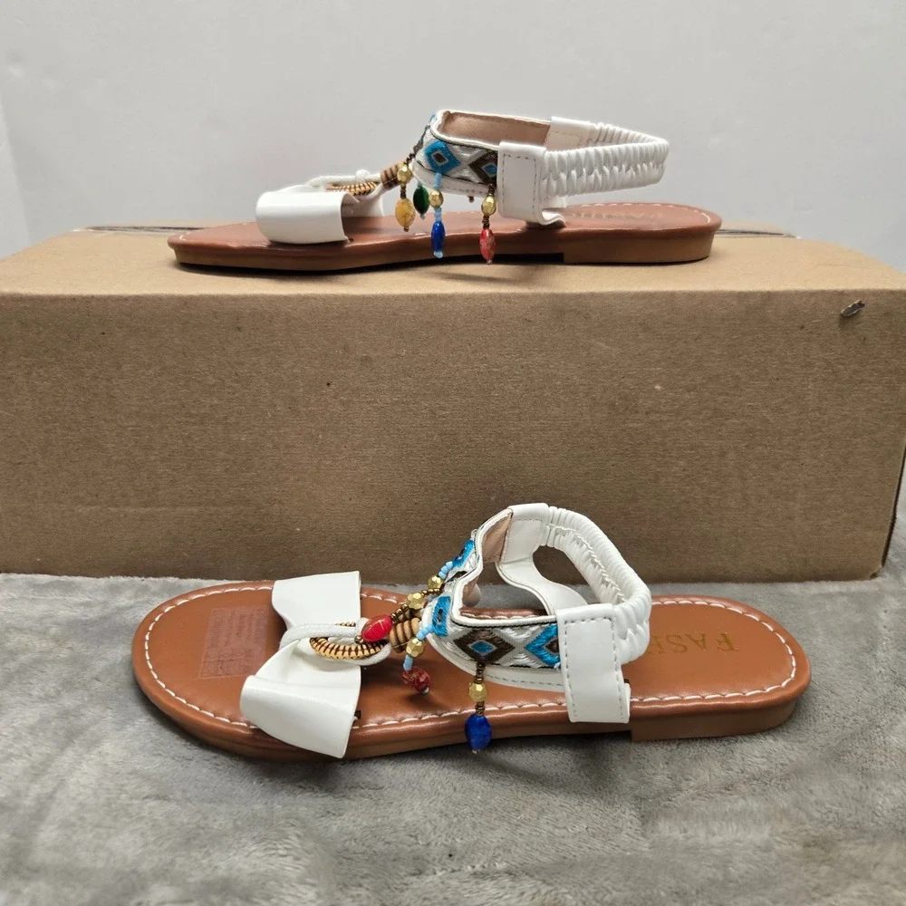Fashion Kids White Boho Beaded Bow Sandals Elastic Slingback Flat Shoes Size 34